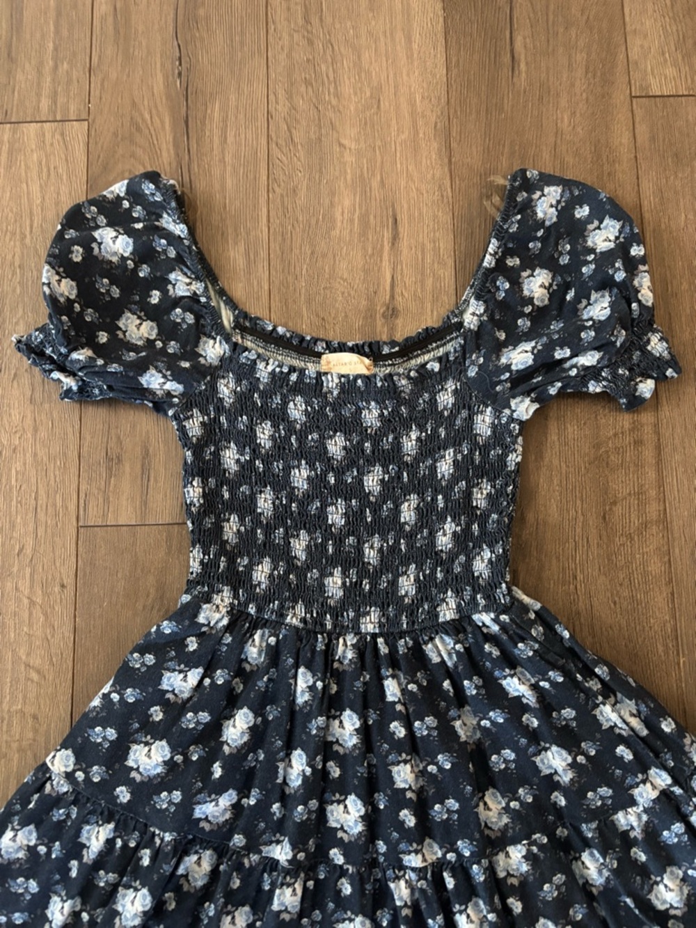 Altar'd State Navy Blue Floral Smocked Puff-Sleeve Mini Dress